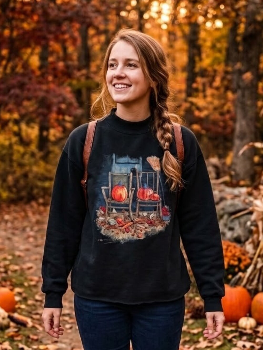 Northern Reflections Vintage Cottage Crewneck Sweater with Autumn Pumpkin Scene